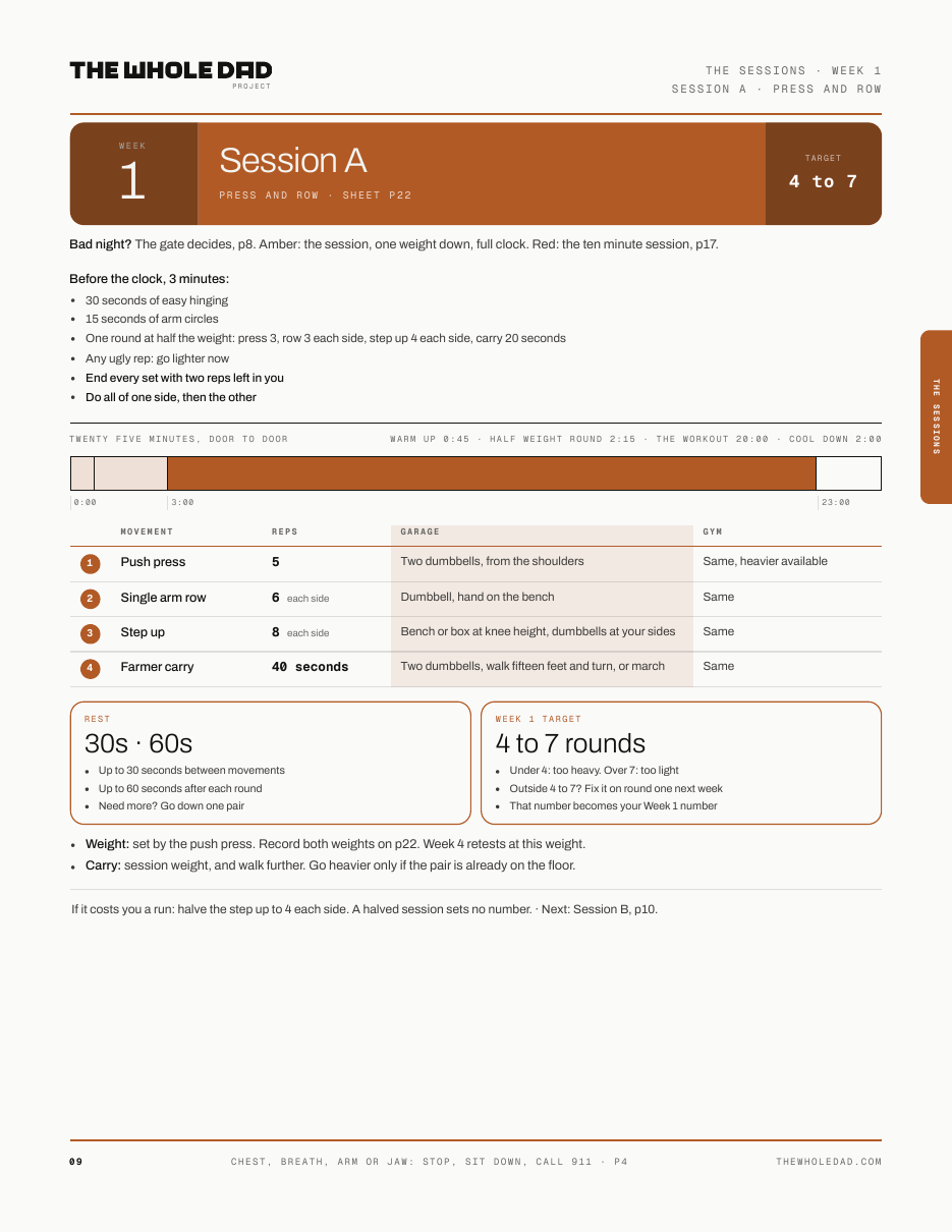 A session page from FOUR WEEKS: Week 1 Session A, press and row, with the movements, reps, garage and gym versions, rest ceiling and the round target.